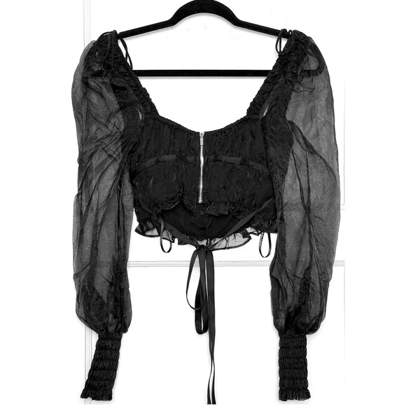 NEW LOVE & LEMONS Organza Puff Long Sleeve Ruffle Sweetheart Neck Crop Top XS - Picture 13 of 16
